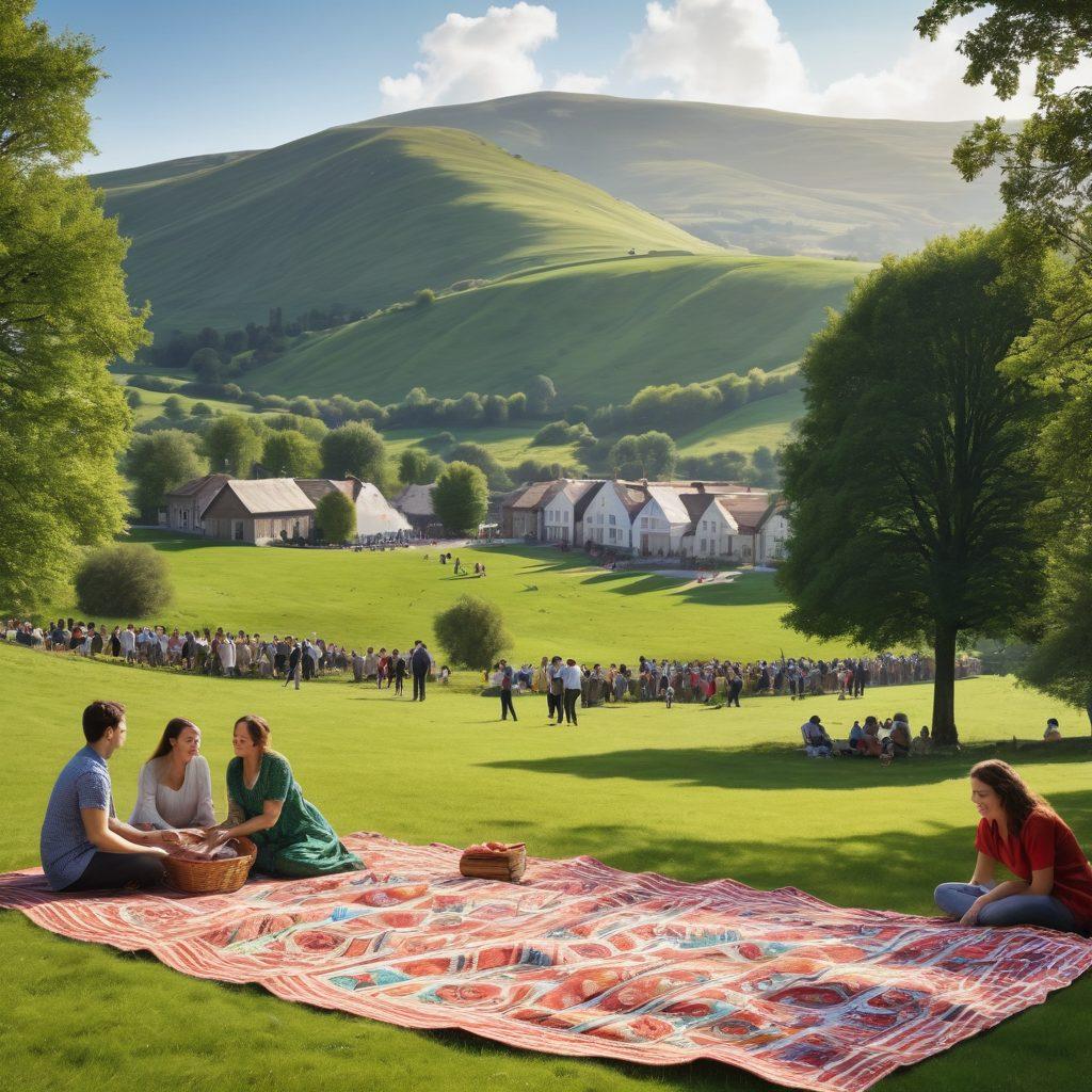 A vibrant community gathering showcasing diverse individuals participating in team-building activities in a sunny Georgian field. Include elements of collaboration, joy, and teamwork such as people working together, smiling, and engaging in games. The background features lush green grass, rolling hills, and traditional Georgian architecture to highlight the cultural setting. Super-realistic. Vibrant colors. 3D.