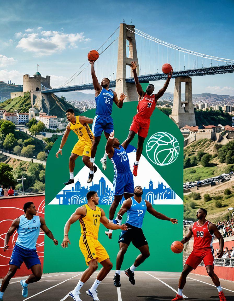 A dynamic collage showcasing diverse athletes collaborating in various sports across Georgia, featuring a backdrop of iconic Georgian landmarks. Include symbols of innovation like high-tech gear and modern training facilities, with a sense of unity and teamwork highlighted through interlocking hands or interconnected paths. The colors should be bright and inspiring, featuring green and blue tones to symbolize growth and progress. super-realistic. vibrant colors. white background.