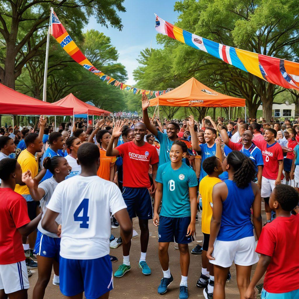 A dynamic scene of diverse athletes from various sports collaborating in a vibrant community park, showcasing teamwork and unity. Include an engaging background with a cheering crowd, banners celebrating local teams, and elements of Georgia's landscape. Highlight camaraderie with high-fives and shared smiles among participants. super-realistic. vibrant colors. community atmosphere.